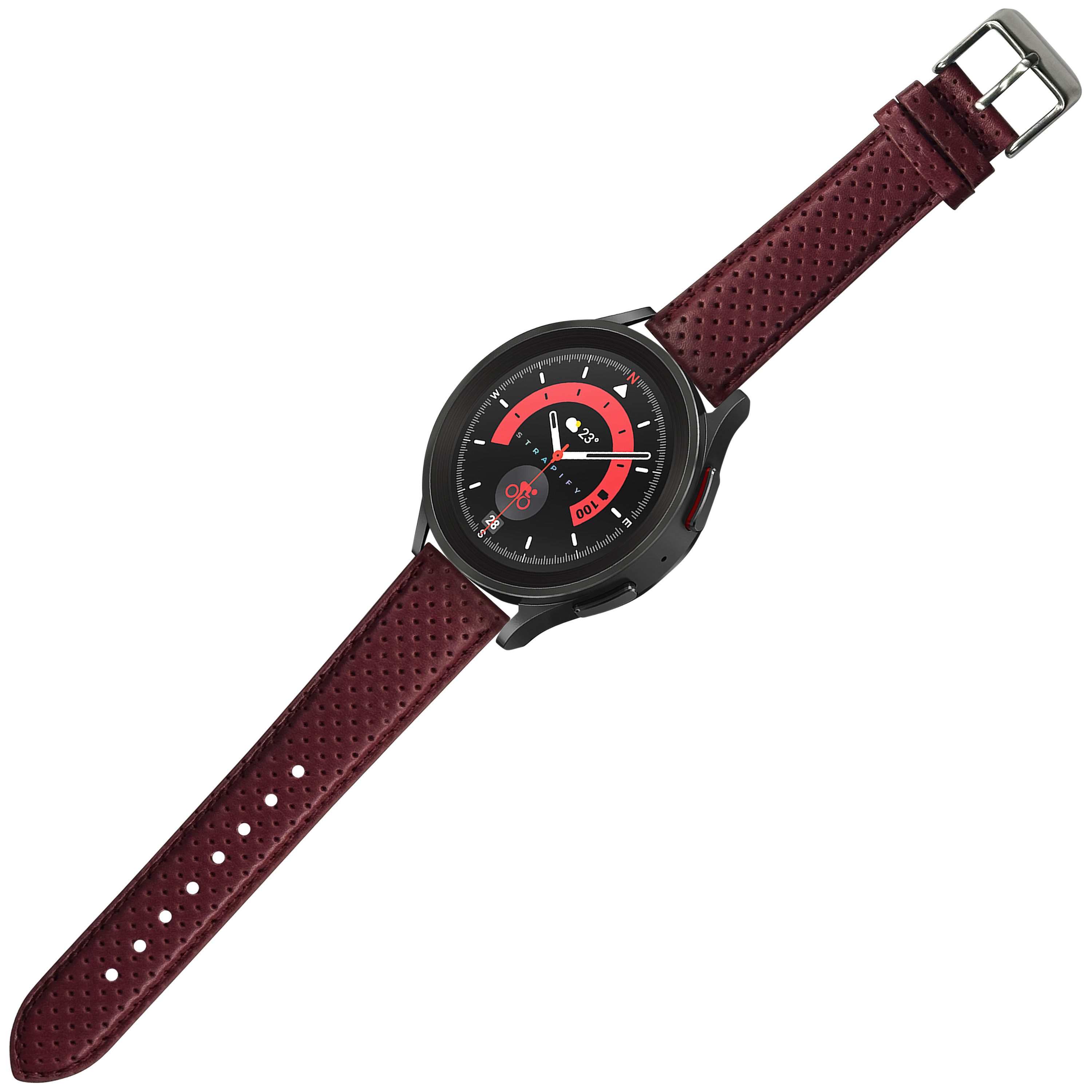 Black smartwatch with red dial and maroon perforated leather racing strap, quick release buckle