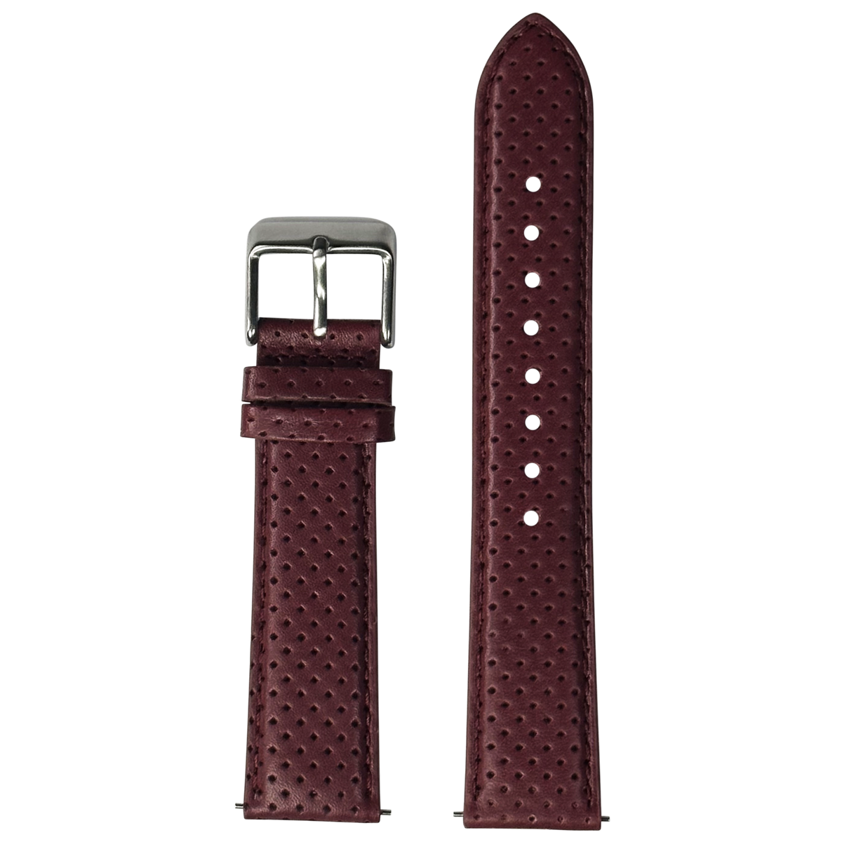 Maroon perforated racing leather watch strap with stainless steel buckle, shown extended and folded for Galaxy Watch sizing