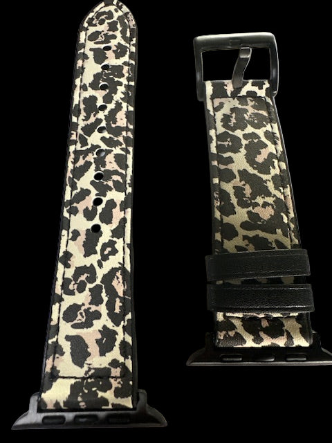 Leopard print leather hybrid Apple Watch band with black silicone backing and stainless steel connector hardware