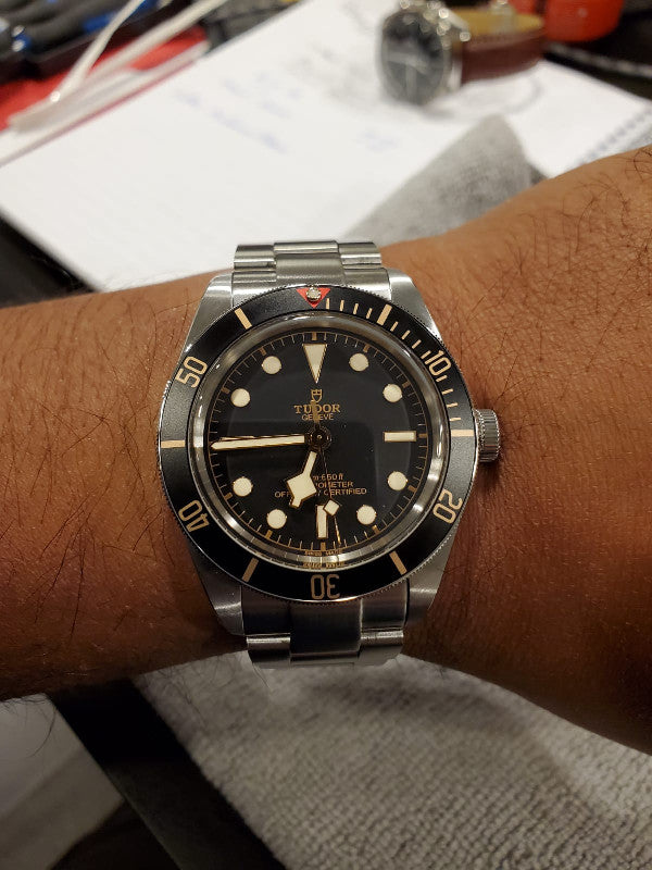 Strapcode Super-O Boyer bracelet on Tudor Black Bay 58 watch with steel links and integrated end links