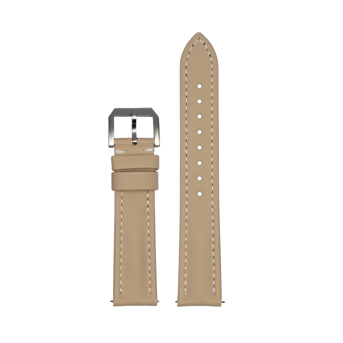 Beige King Sailcloth quick release watch strap flat lay with white stitching