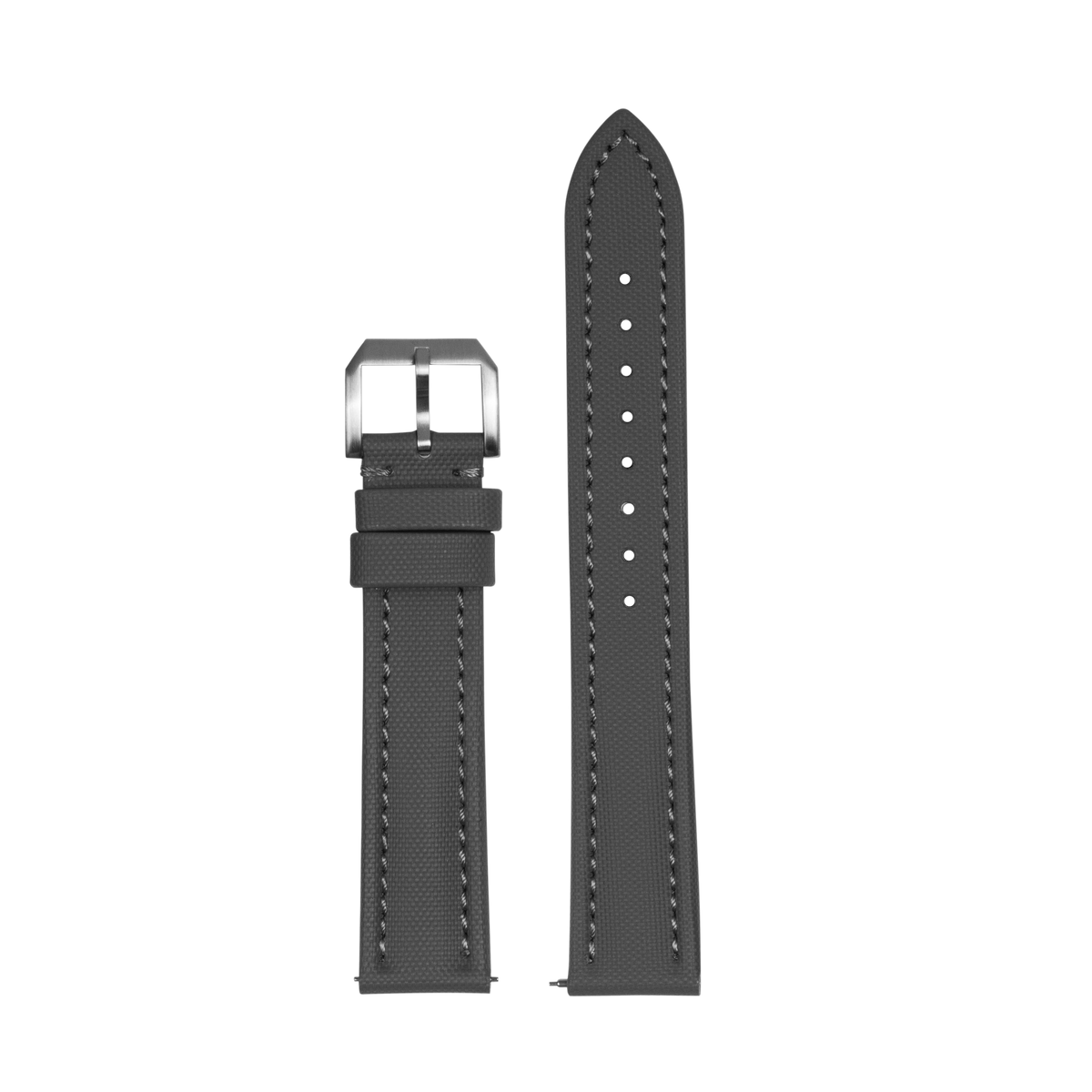 Grey King Sailcloth quick release watch strap flat lay with white stitching