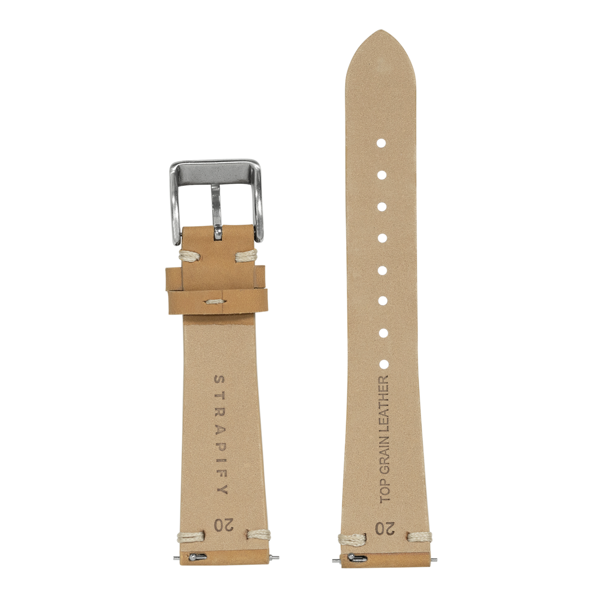 Tan nubuck leather watch strap with silver buckle, 20mm width, designed for Fitbit Versa and Sense smartwatches