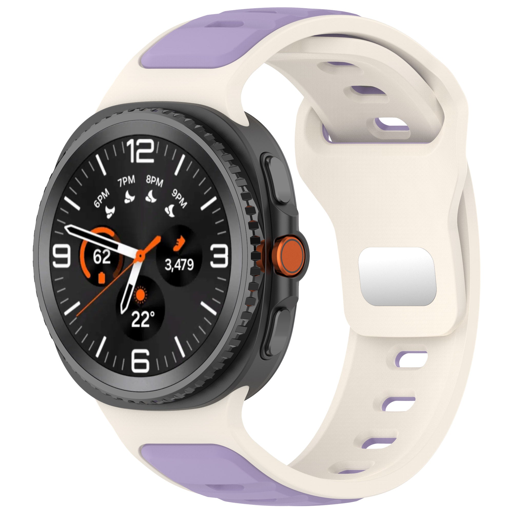 Galaxy Watch 6 Classic smartwatch with black dial, orange accents, and two-tone cream purple silicone band showing heart rate and step counter