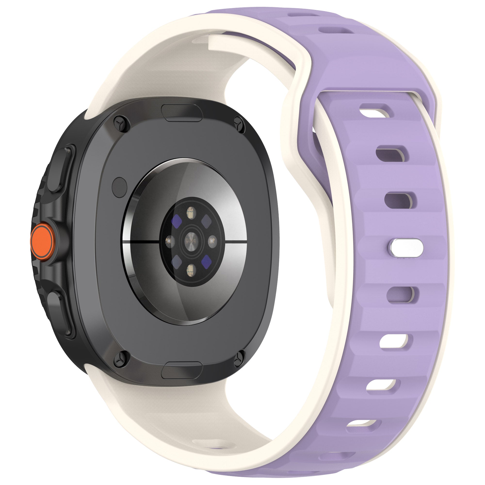 Black smartwatch with cream and purple silicone band, heart rate sensor and orange button visible
