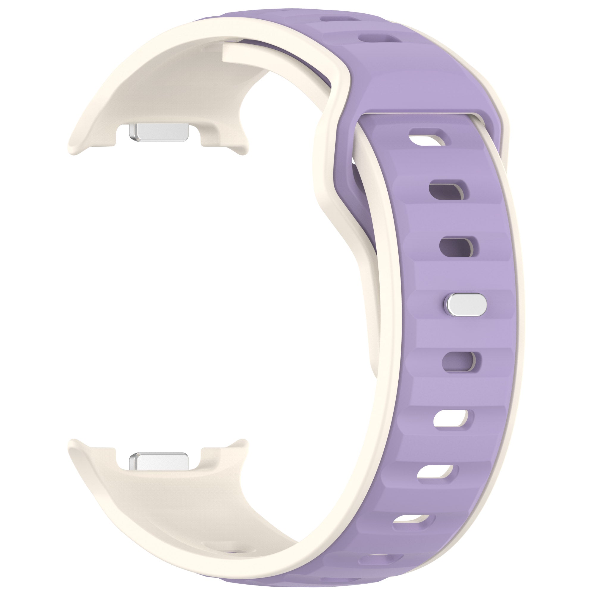 Purple and cream two-tone silicone smartwatch band with ventilation holes and quick-release connectors for Galaxy Watch 8