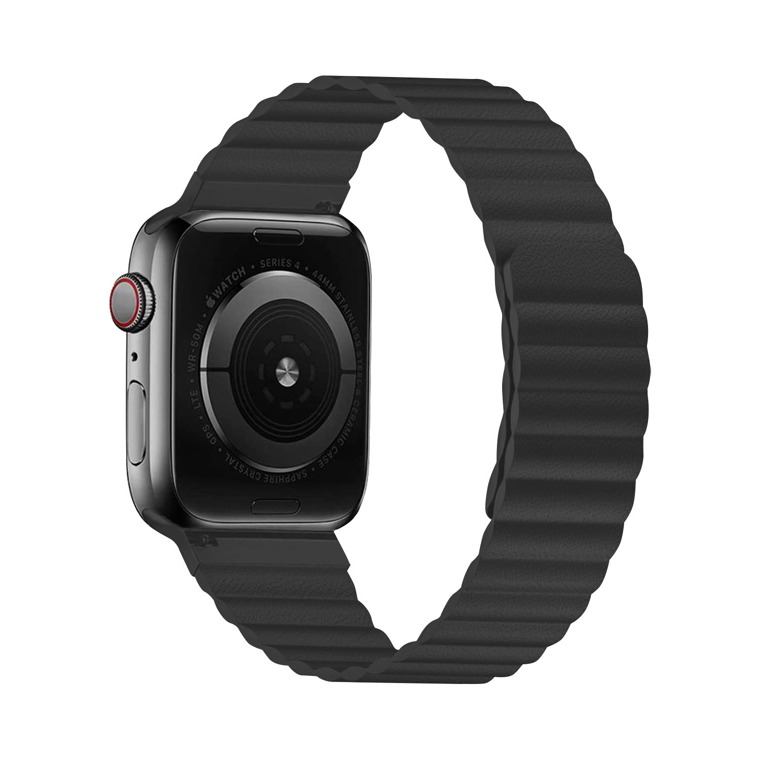 Apple Watch Series 4 with black leather loop band and red digital crown on white background
