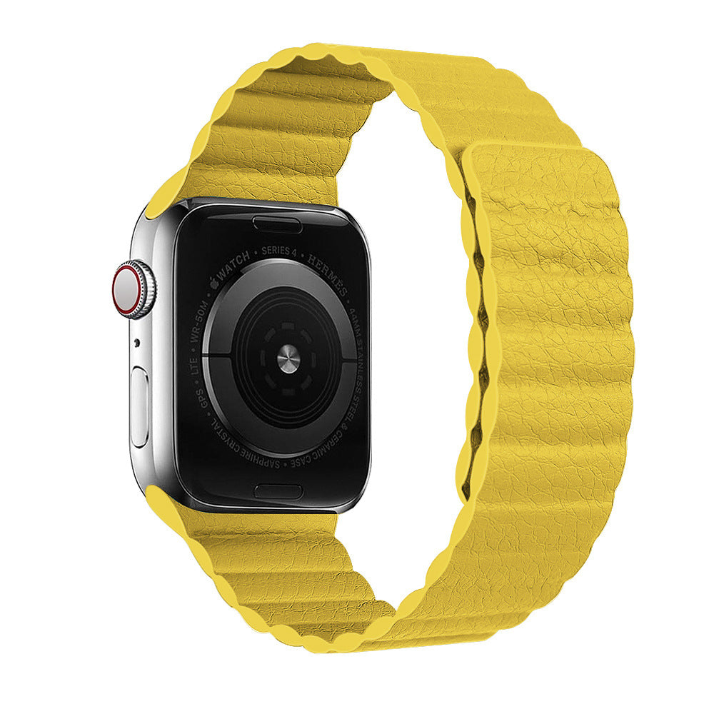 Apple Watch Series 4 with yellow leather loop band and silver stainless steel case