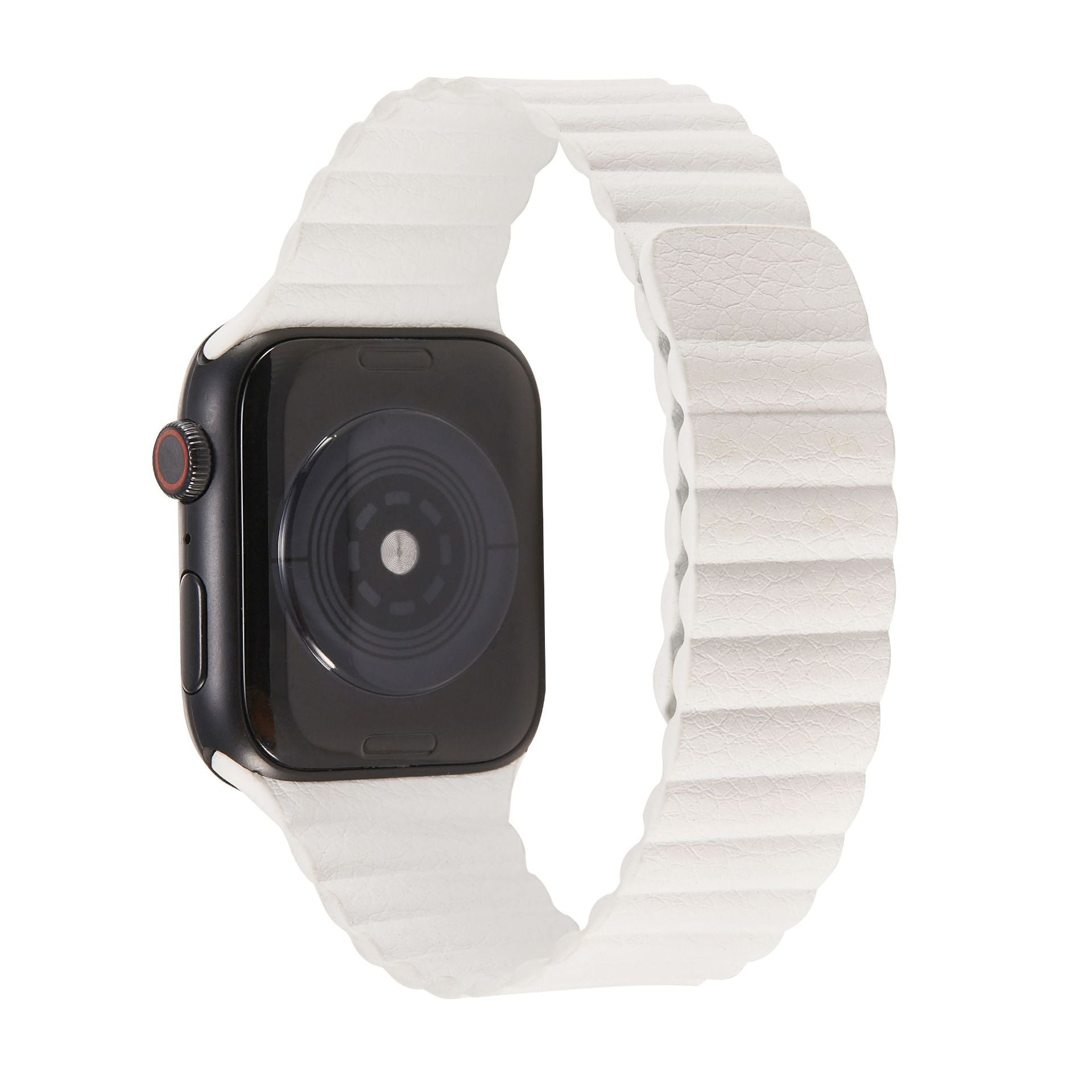 Black smartwatch with white leather loop band and red digital crown