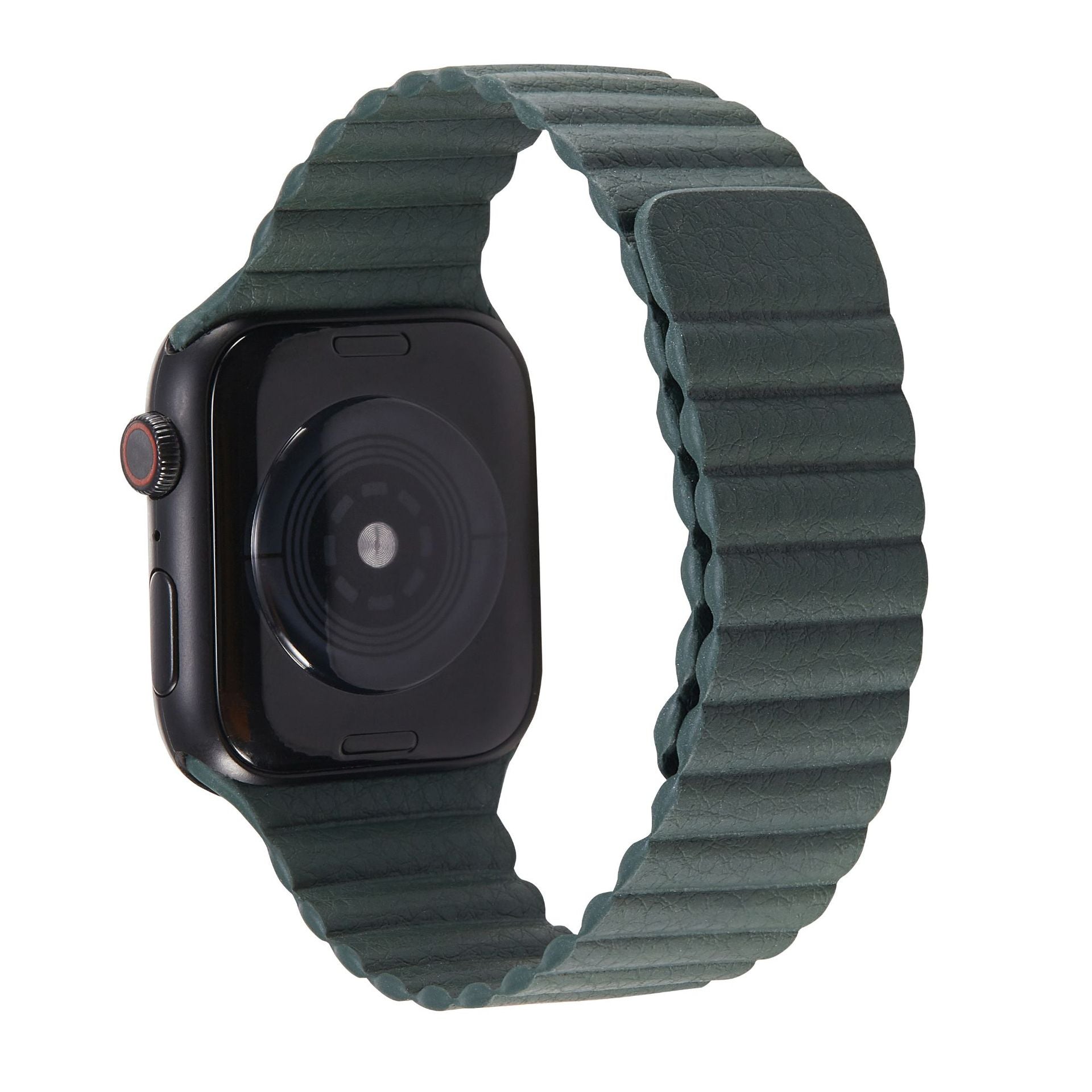 Black smartwatch with forest green leather loop band featuring quilted design and red digital crown