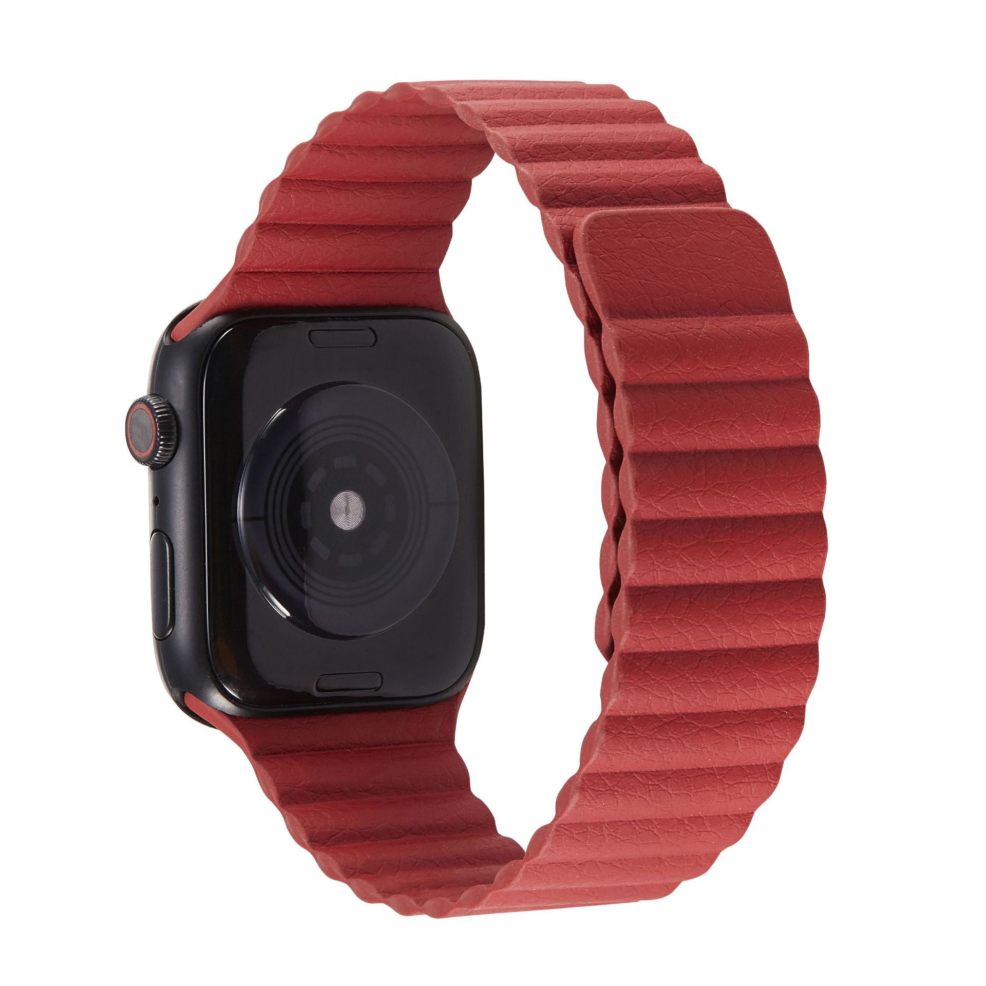 Black smartwatch with red leather link band featuring magnetic closure and quilted texture design
