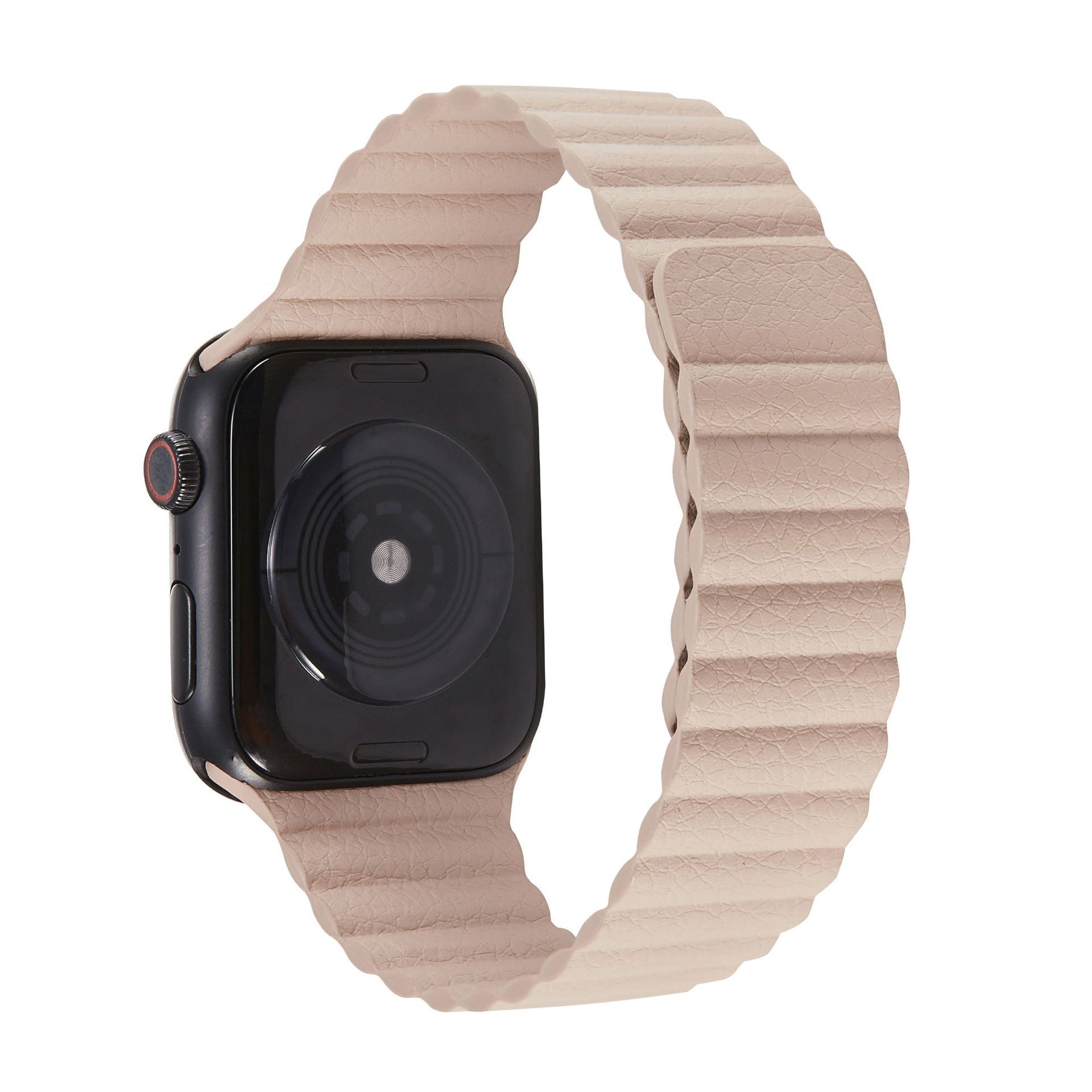 Black Apple Watch with beige leather loop band featuring quilted magnetic closure design