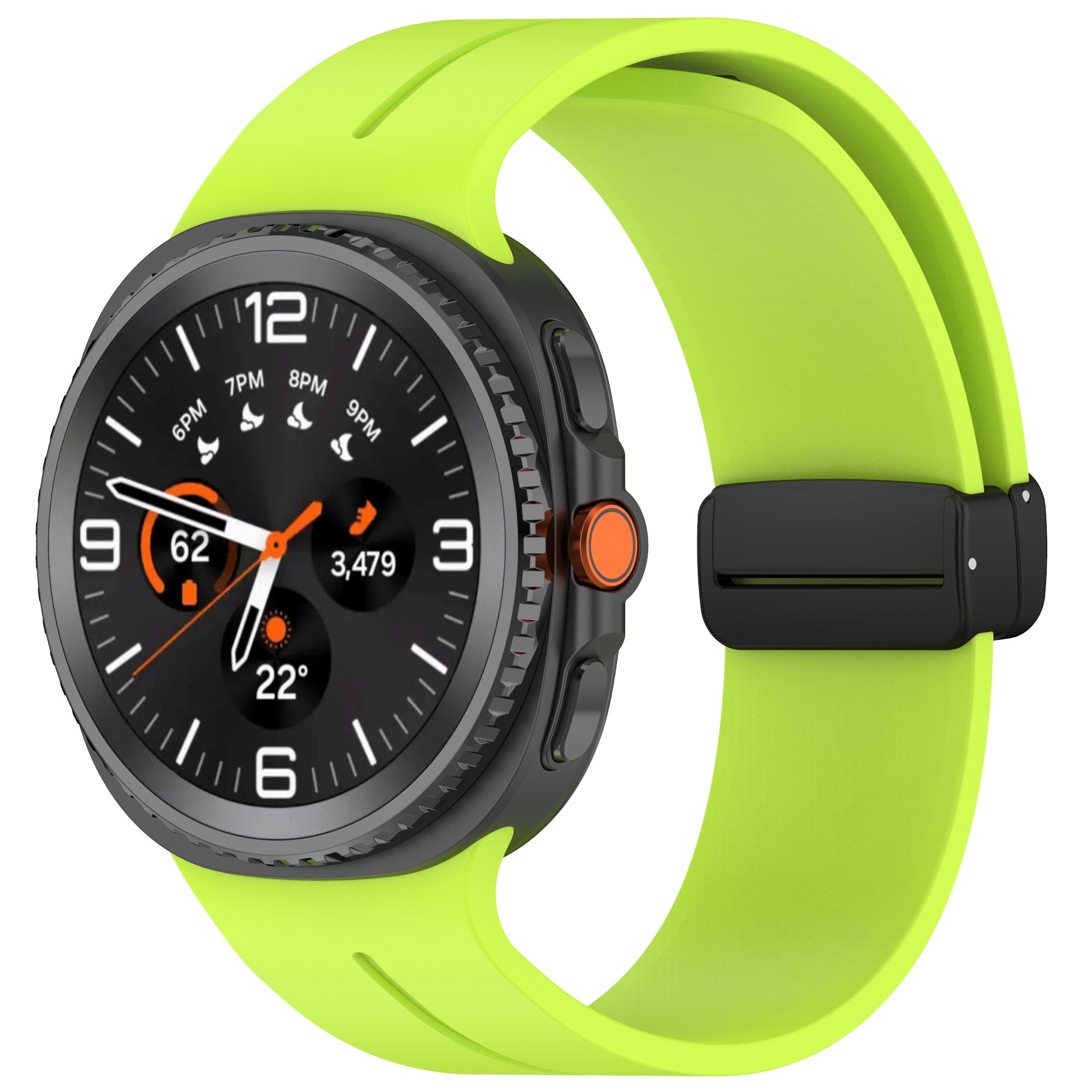 Black smartwatch with analog dial and orange accents on neon green silicone band with magnetic clasp