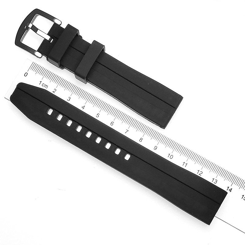 Black silicone quick release watch band with metal buckle, adjustable fit shown with measurement scale
