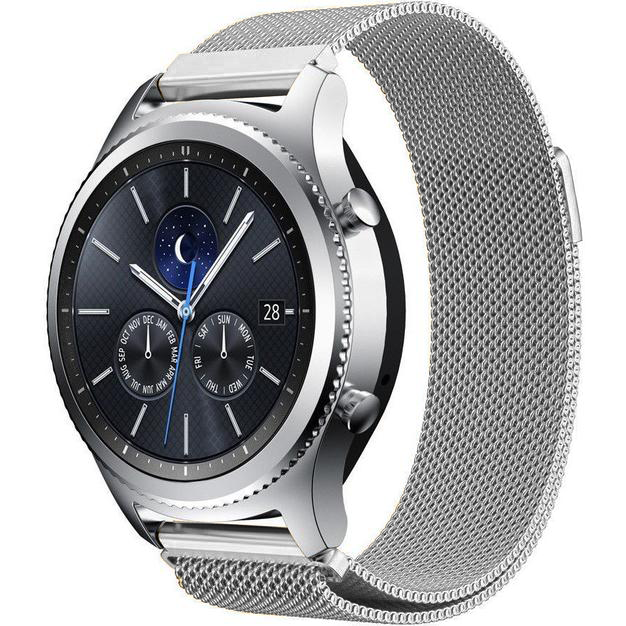 Silver Milanese mesh smartwatch band with quick release mechanism on stainless steel watch case