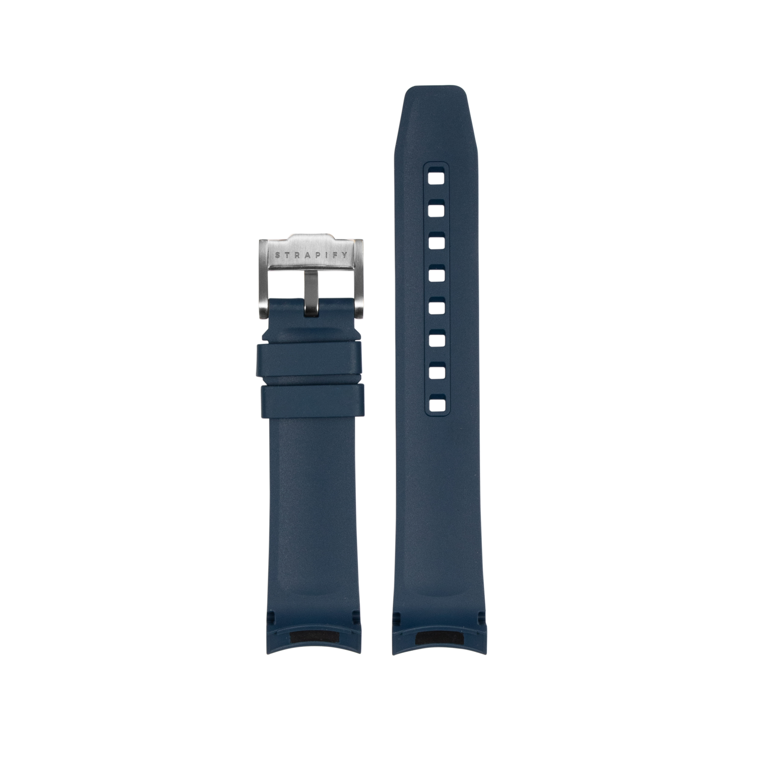 Navy blue rubber watch strap with stainless steel buckle and perforated keeper bar for Tudor Black Bay 58