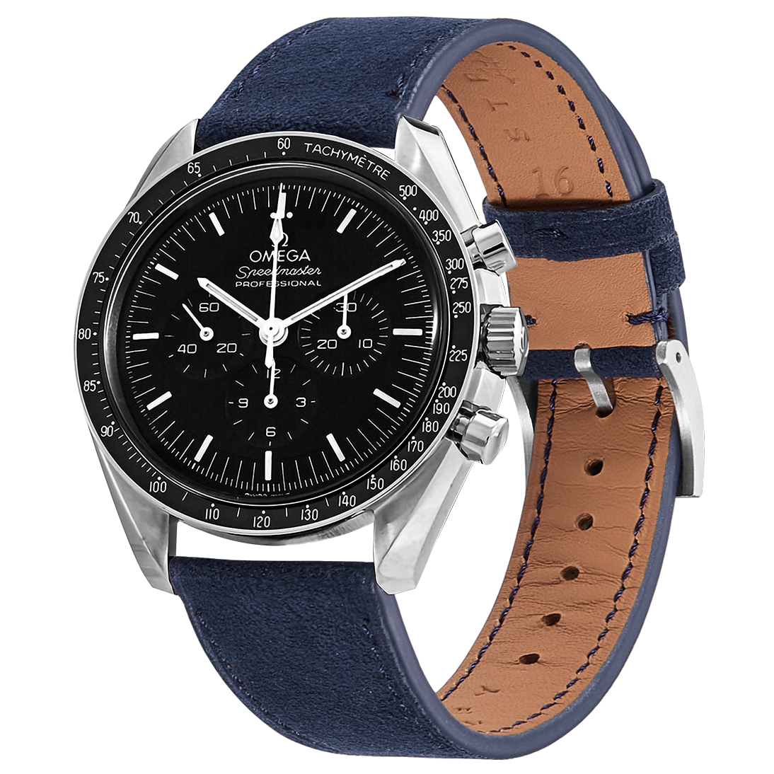 Omega Speedmaster Professional chronograph watch with navy blue Alcantara leather strap and tan suede lining