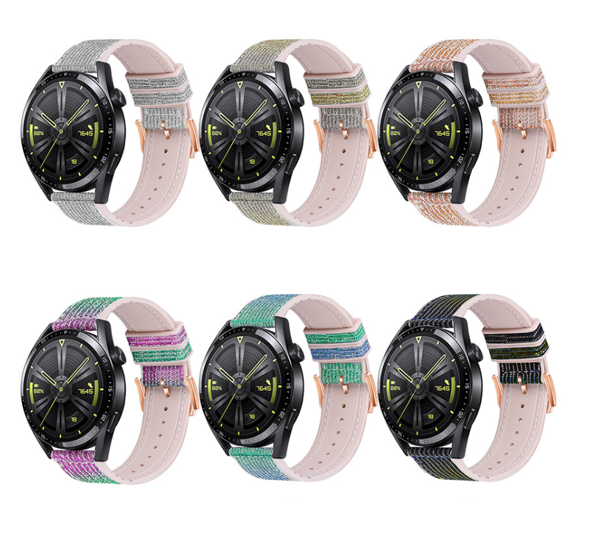 Quick release sparkle hybrid smartwatch bands in six colorways with black watch faces and pink leather backing