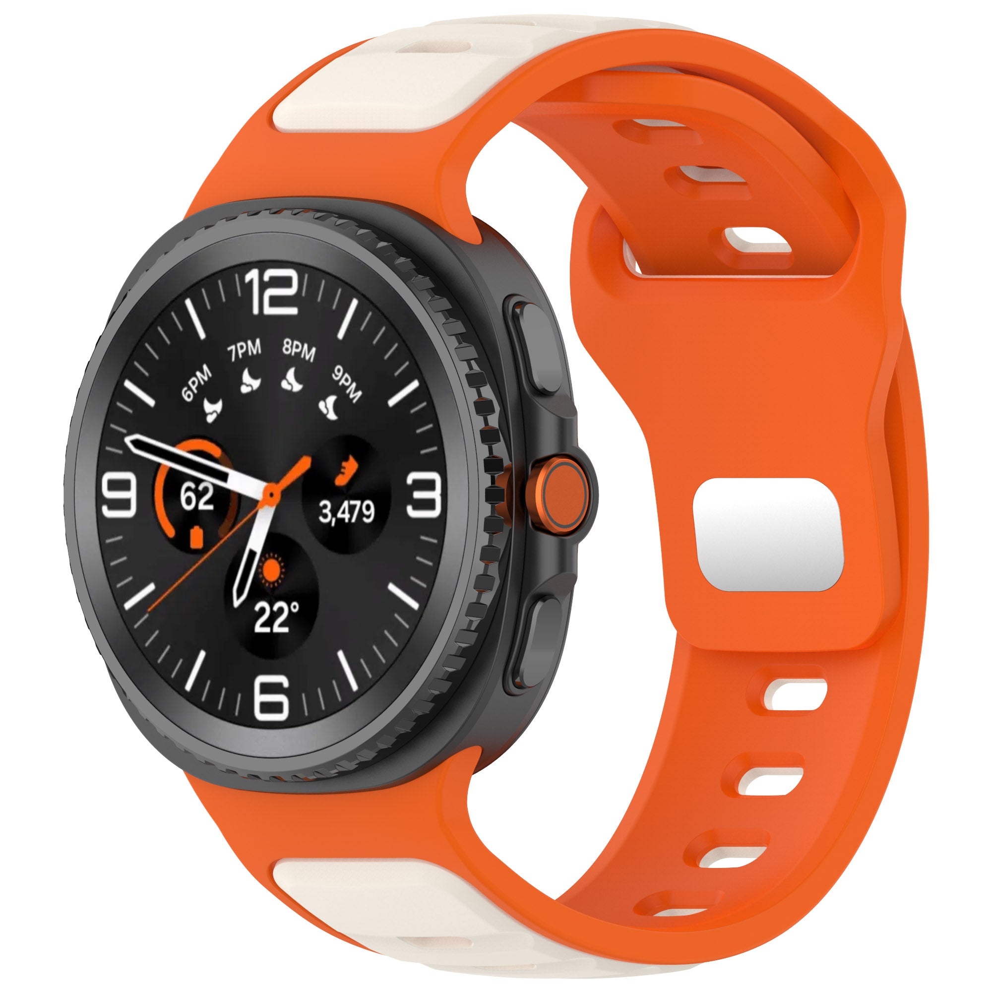 Orange and cream two-tone silicone sport watch band with black smartwatch case displaying fitness metrics and time