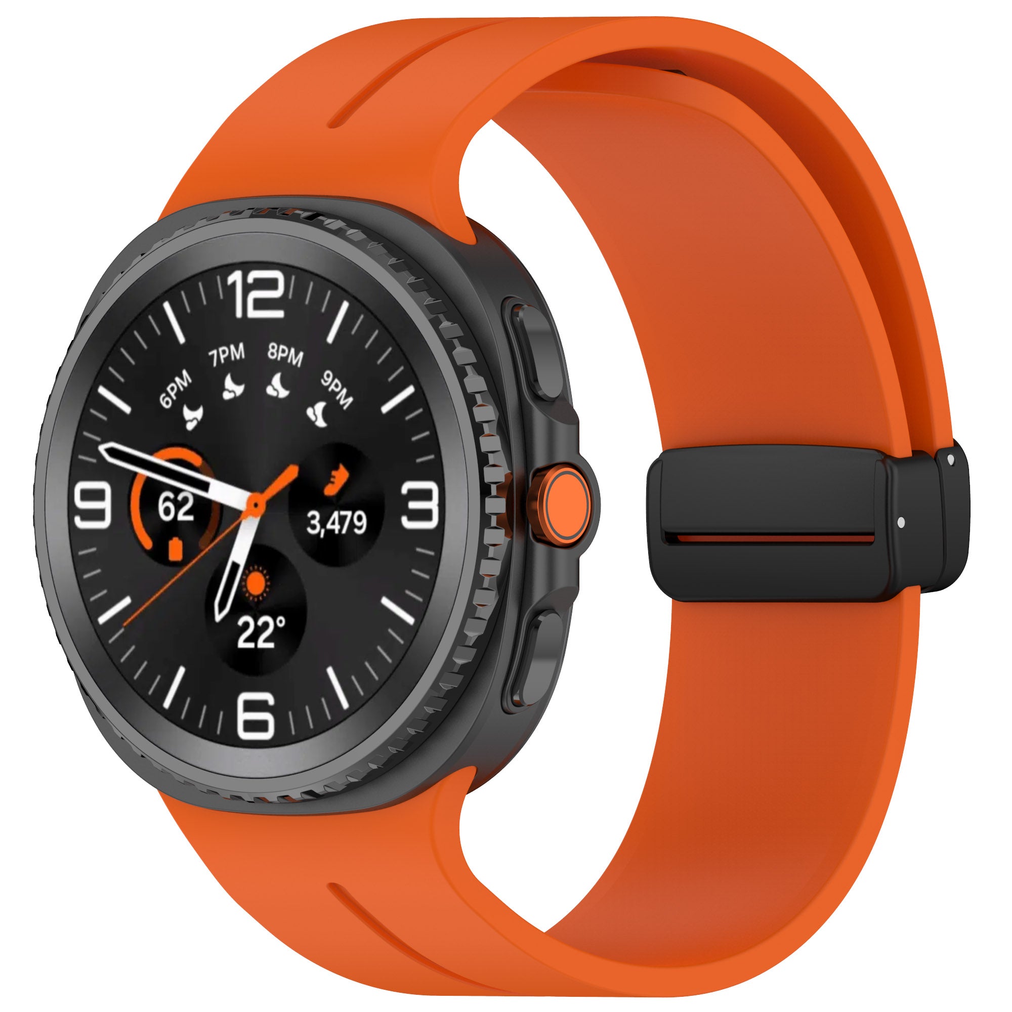 Orange silicone smartwatch band with magnetic deployant clasp and black sports watch face showing fitness metrics