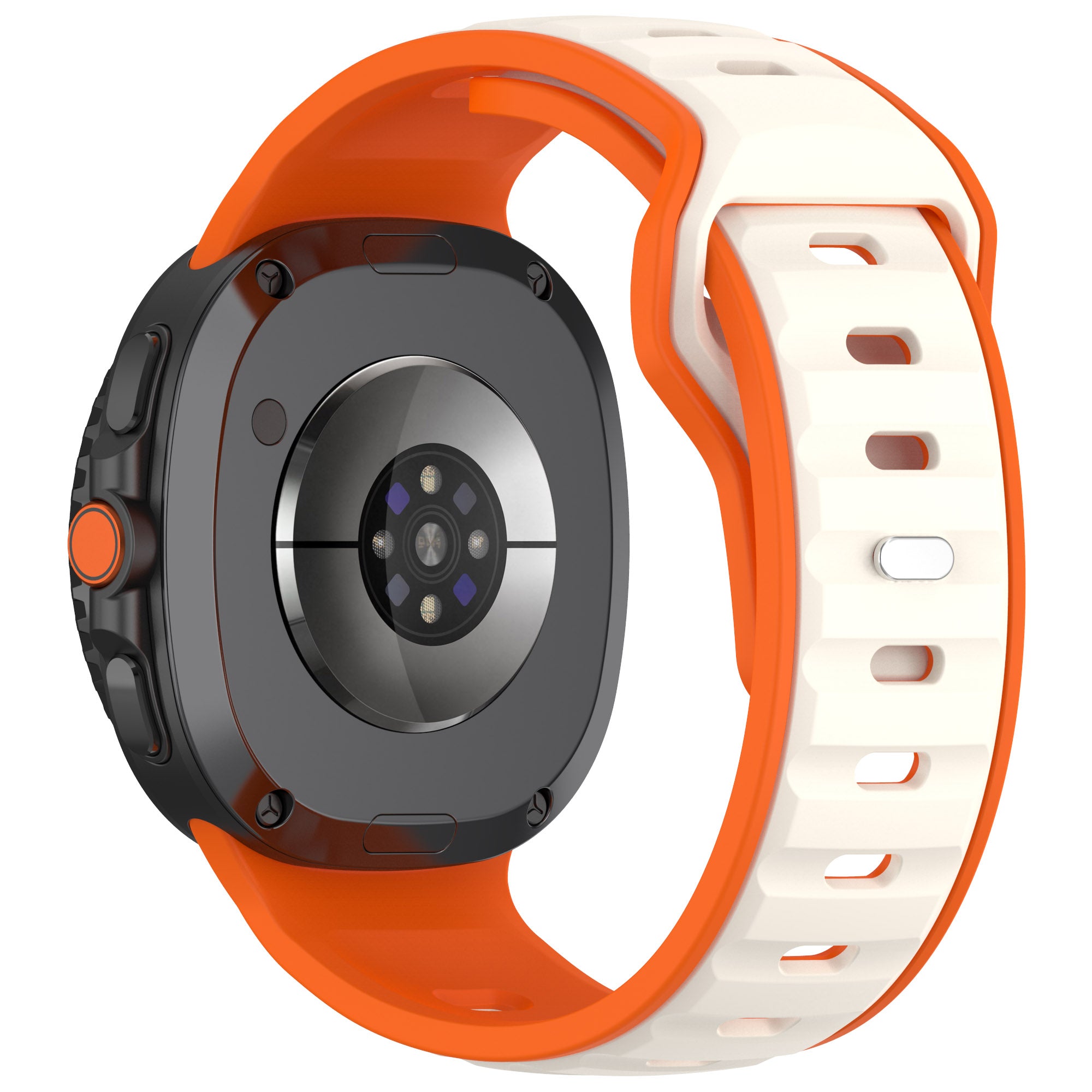Orange and white silicone band smartwatch with dark gray face, multi-sensor display, and adjustable sport strap