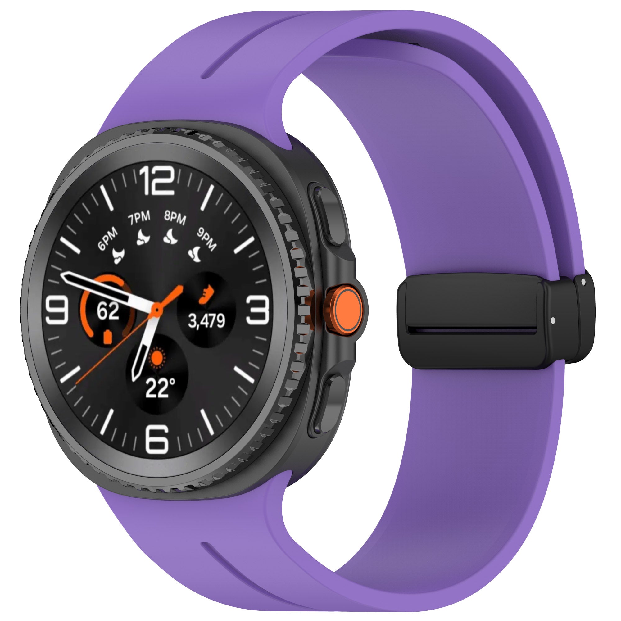 Purple silicone smartwatch band with magnetic clasp and black sport watch featuring orange accents and digital display