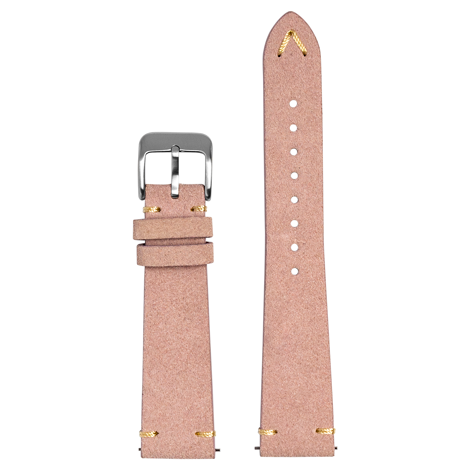 Blush pink suede leather quick release watch strap with silver buckle and gold stitching