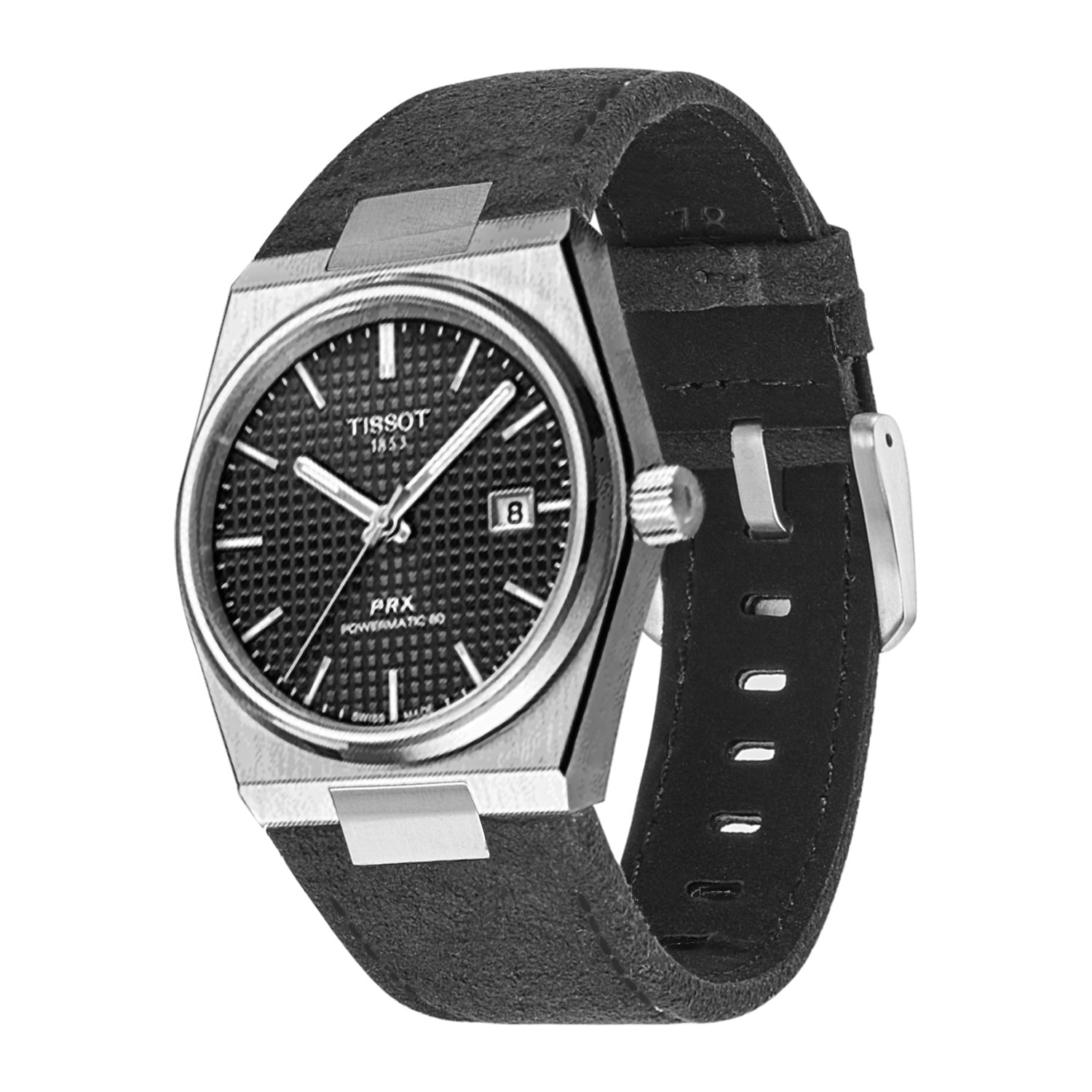 Tissot PRX 40 stainless steel watch with black textured dial on a black Alcantara leather strap with matching black stitching