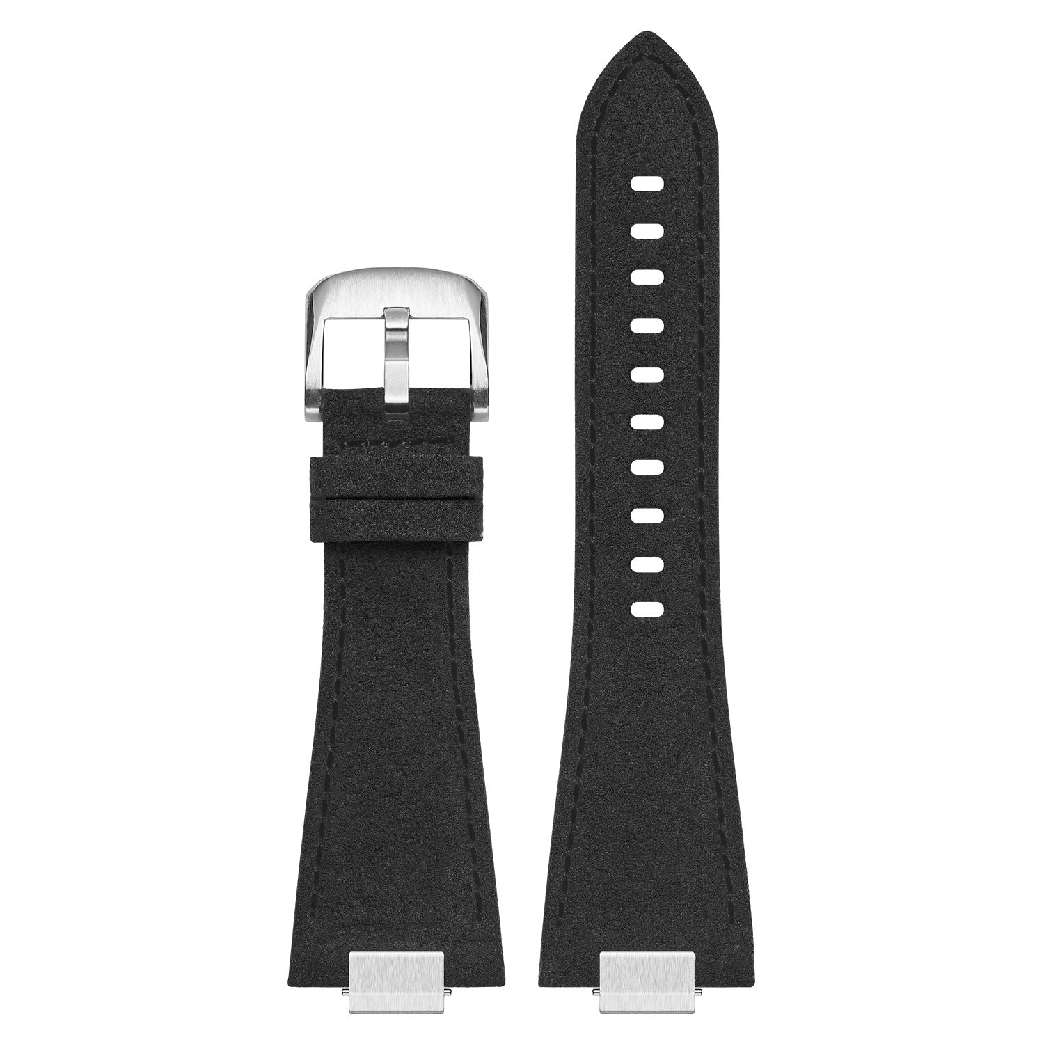Black Alcantara leather watch strap with matching black stitching and brushed stainless steel buckle for Tissot PRX 40