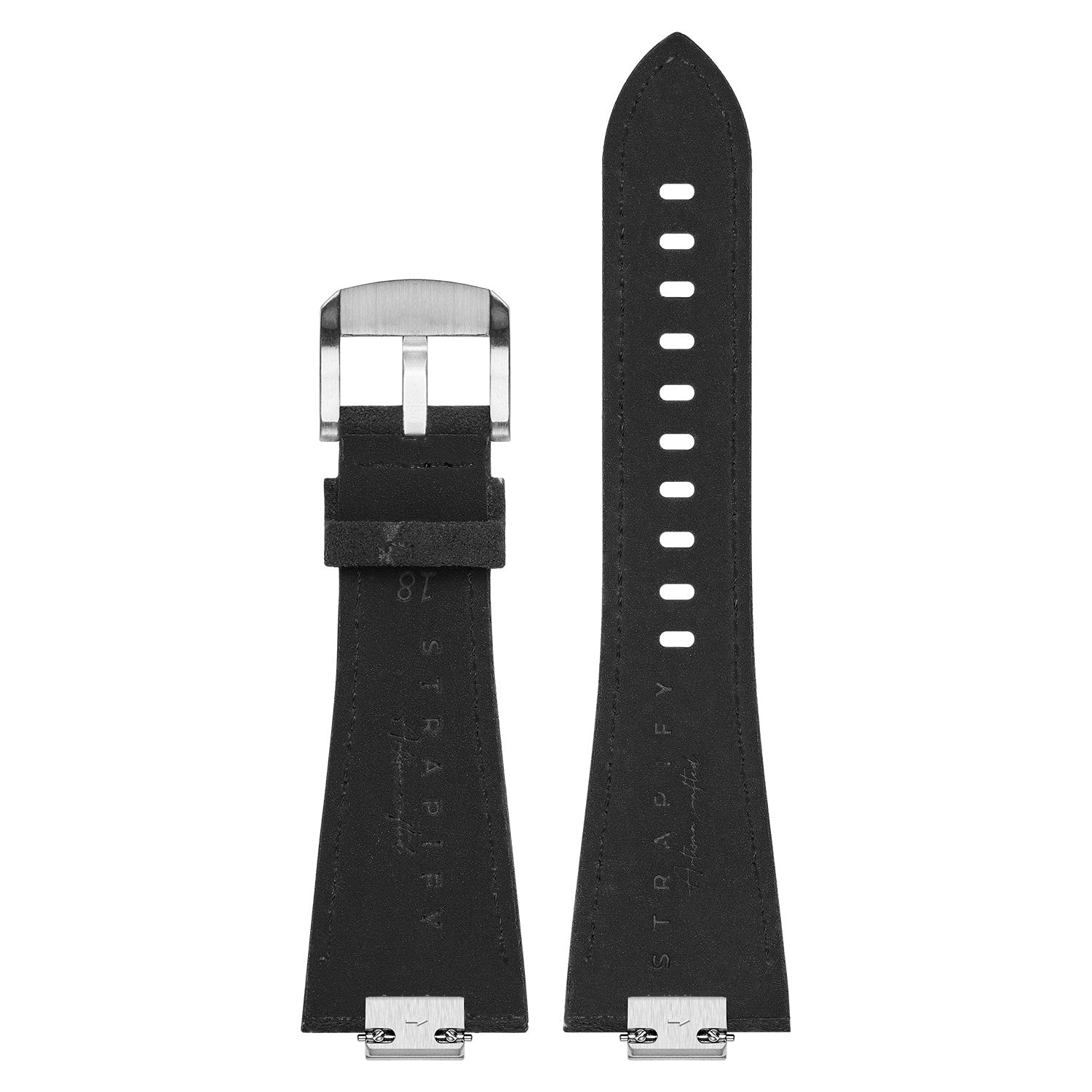 Underside of the black Alcantara Tissot PRX 40 strap showing matching black stitching, quick release bars and Strapify branding