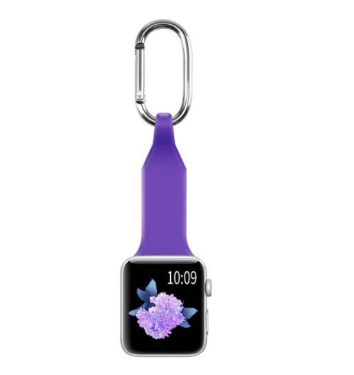 Purple silicone Apple Watch carabiner fob with metal clip attachment for secure keychain carry