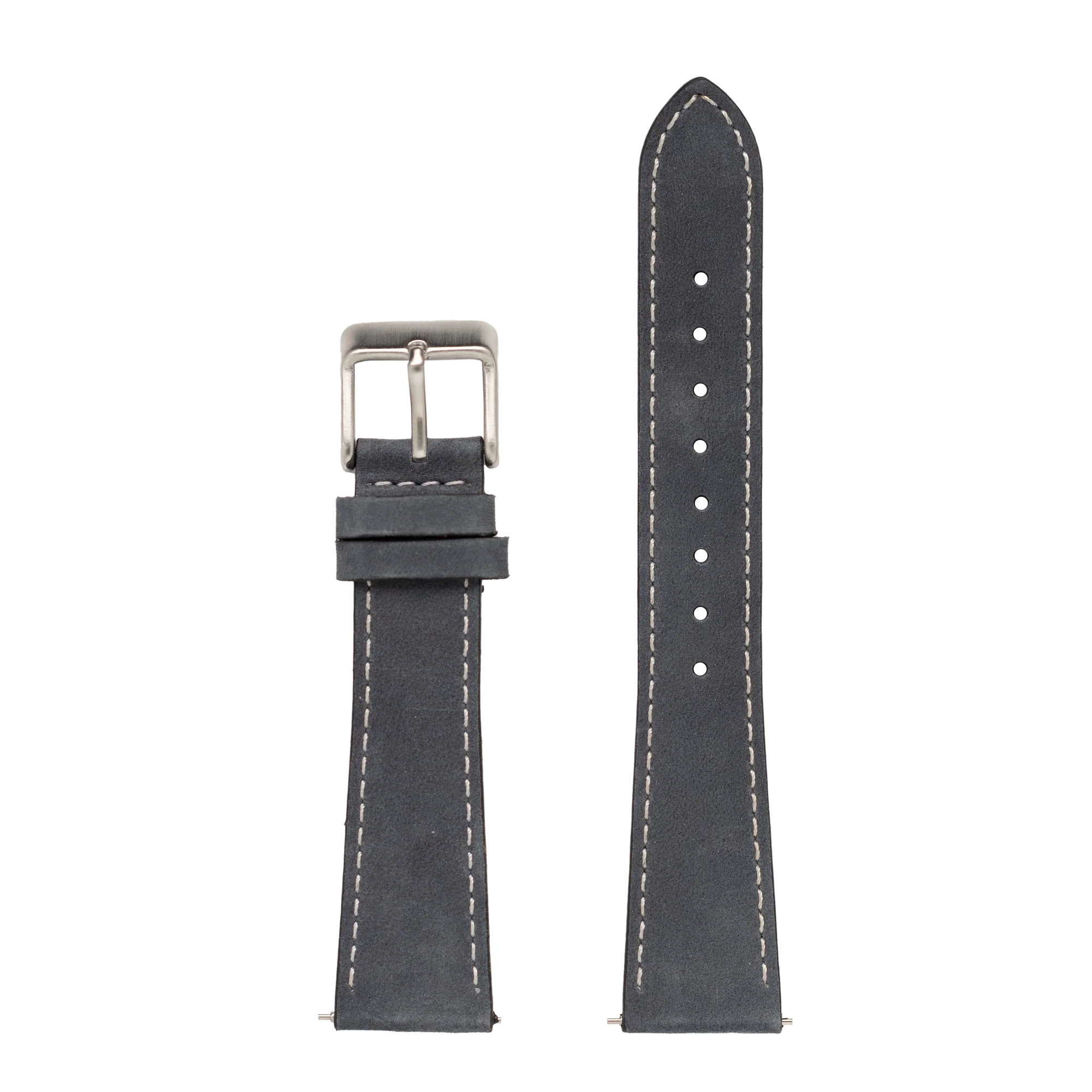 Quick release nubuck leather watch band slate grey with white stitching and silver buckle