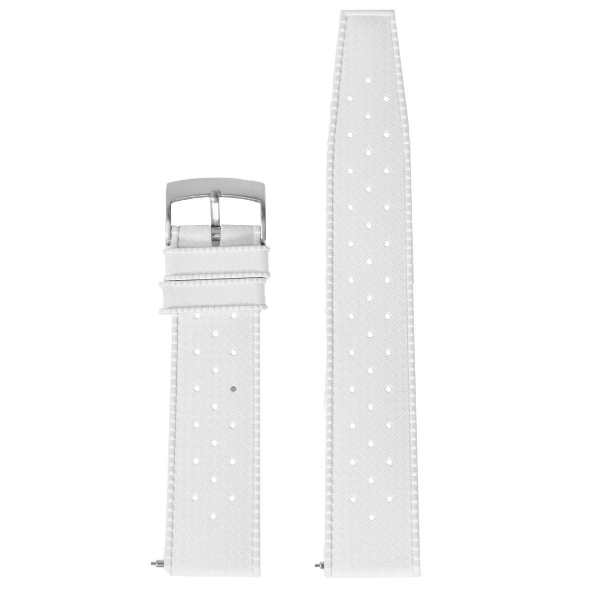 White perforated rubber watch band with quick release mechanism and silver buckle clasp