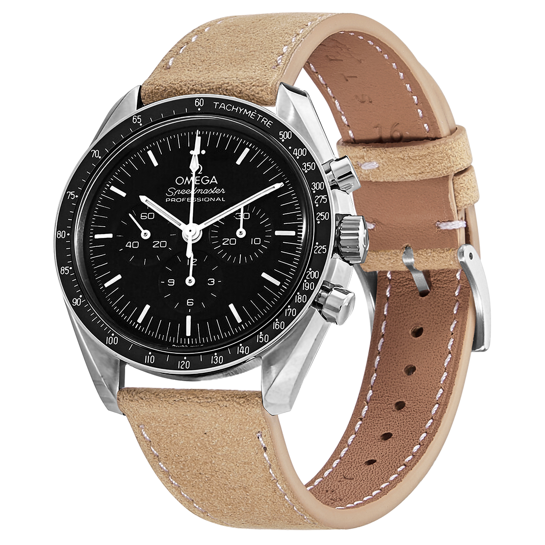 Omega Speedmaster Professional chronograph watch with black dial, tachymetre bezel, and tan suede leather strap with white stitching