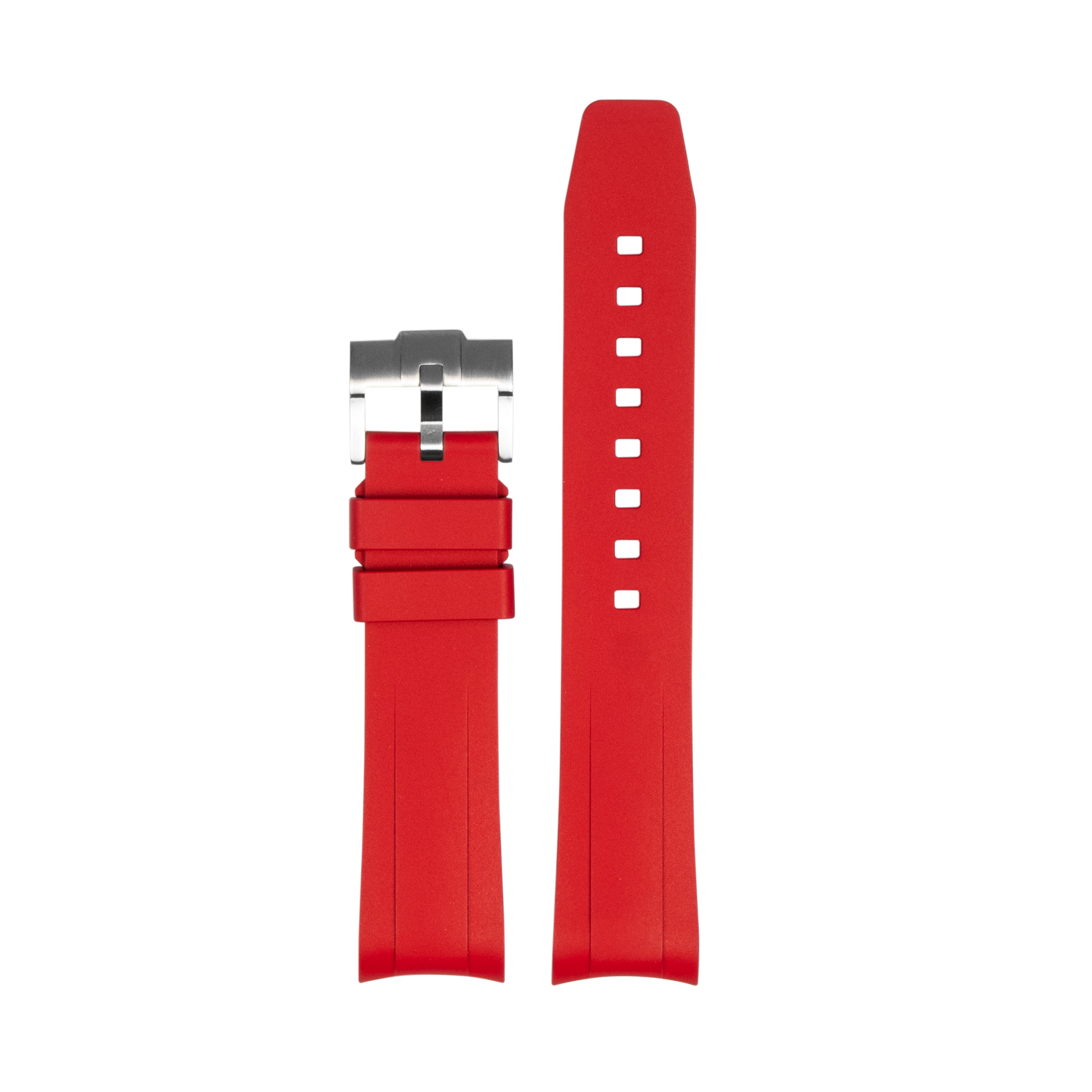 Red rubber watch strap with stainless steel deployant clasp and white hour markers for Tudor Black Bay 58