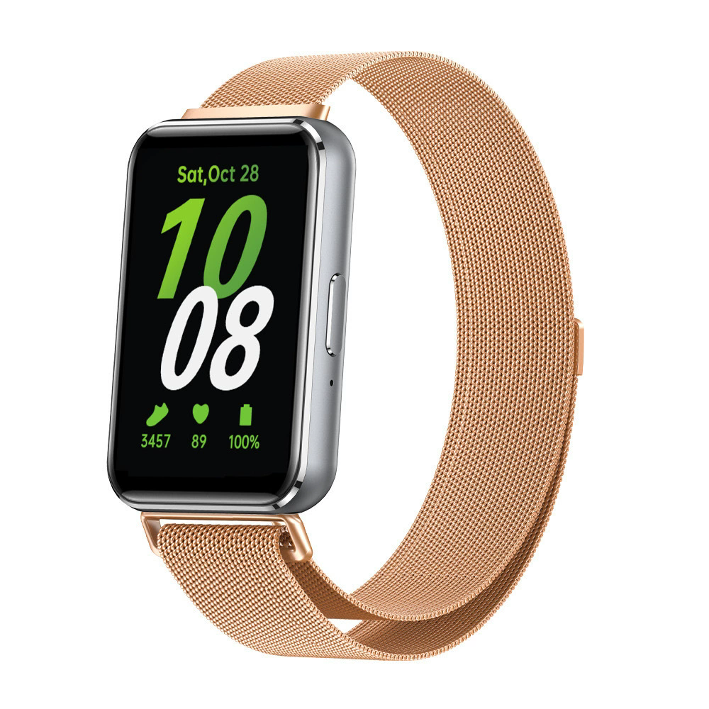 Silver Galaxy Fit3 smartwatch with rose gold Milanese mesh band displaying time and fitness stats