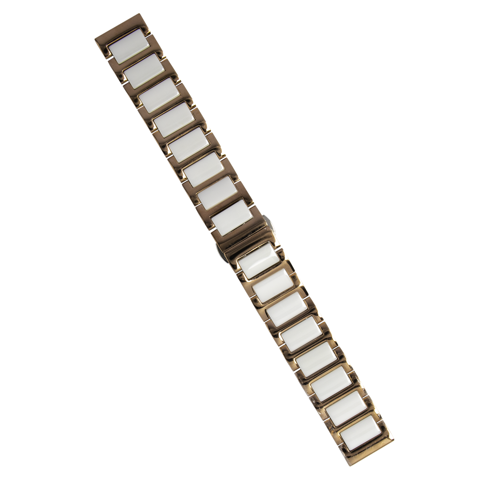 Ceramic and rose gold mixed metal watch bracelet with deployant clasp, 26mm width, featuring white ceramic links and rose gold accents