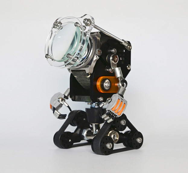 Black RoboTank watch stand with clear glass dome, silver metal accents and orange details on articulated stand