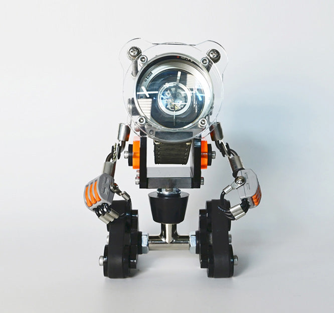 RoboTank black robot watch stand with oversized dial display, orange accents, articulated arms and wheels on white background
