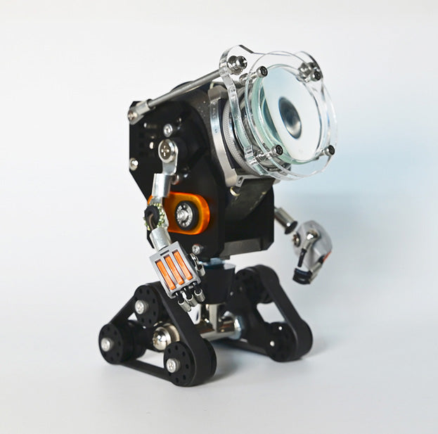 Black robotic tank watch stand with clear dome display case and orange accent details