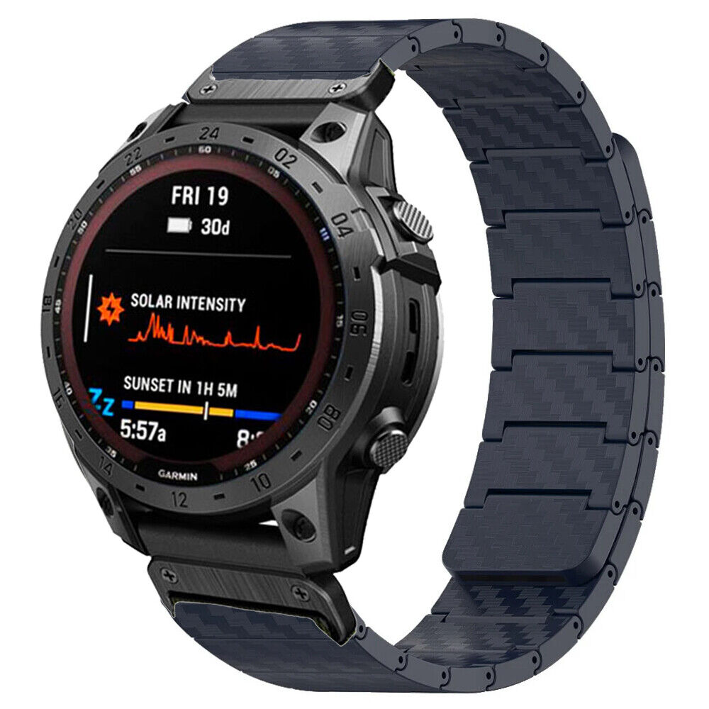 Garmin Fenix 6X solar intensity smartwatch with QuickFit magnetic carbon fiber band displaying date time and sunset data