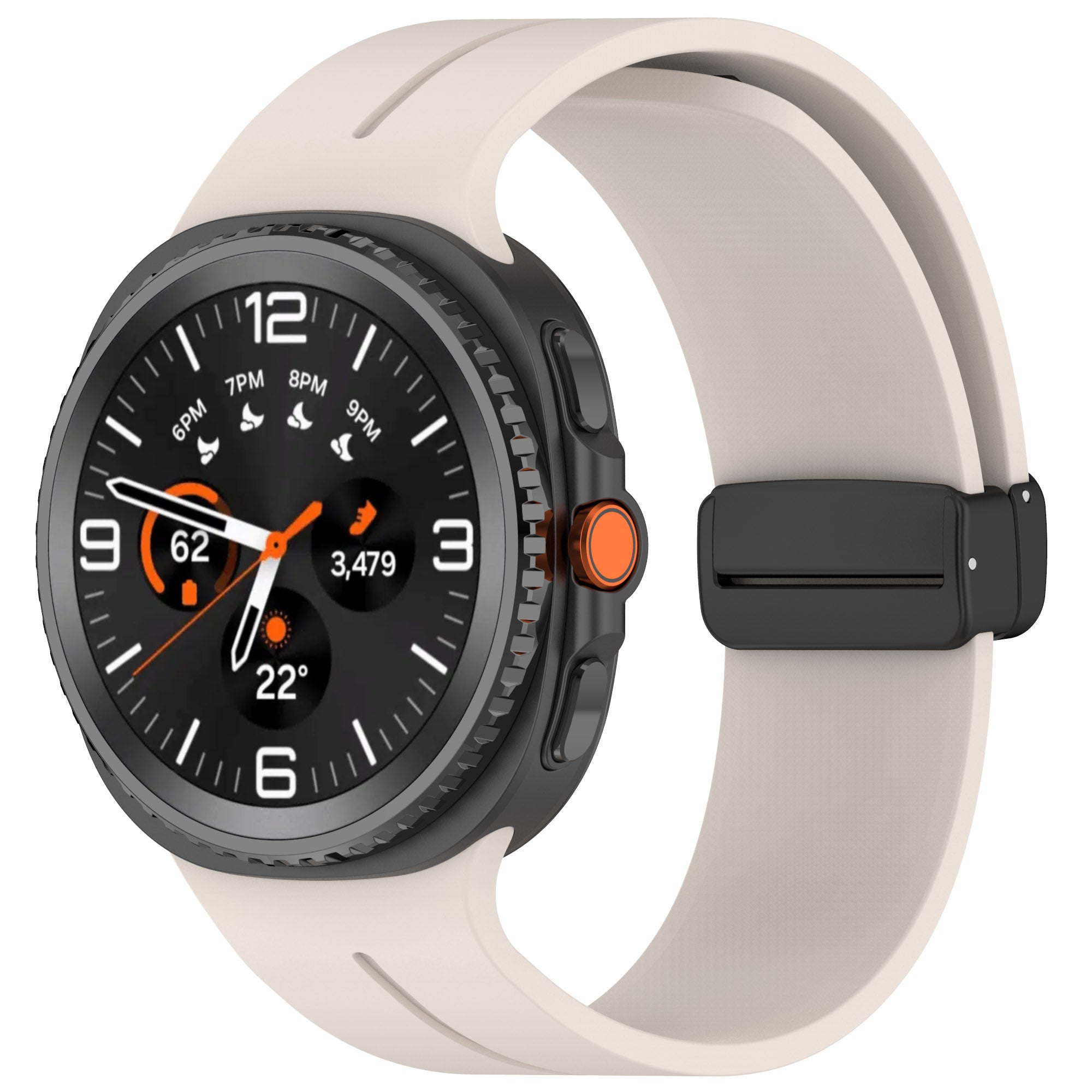 Galaxy Watch 6 Classic smartwatch with beige silicone band, black case, orange accents, and analog dial display showing time and fitness metrics