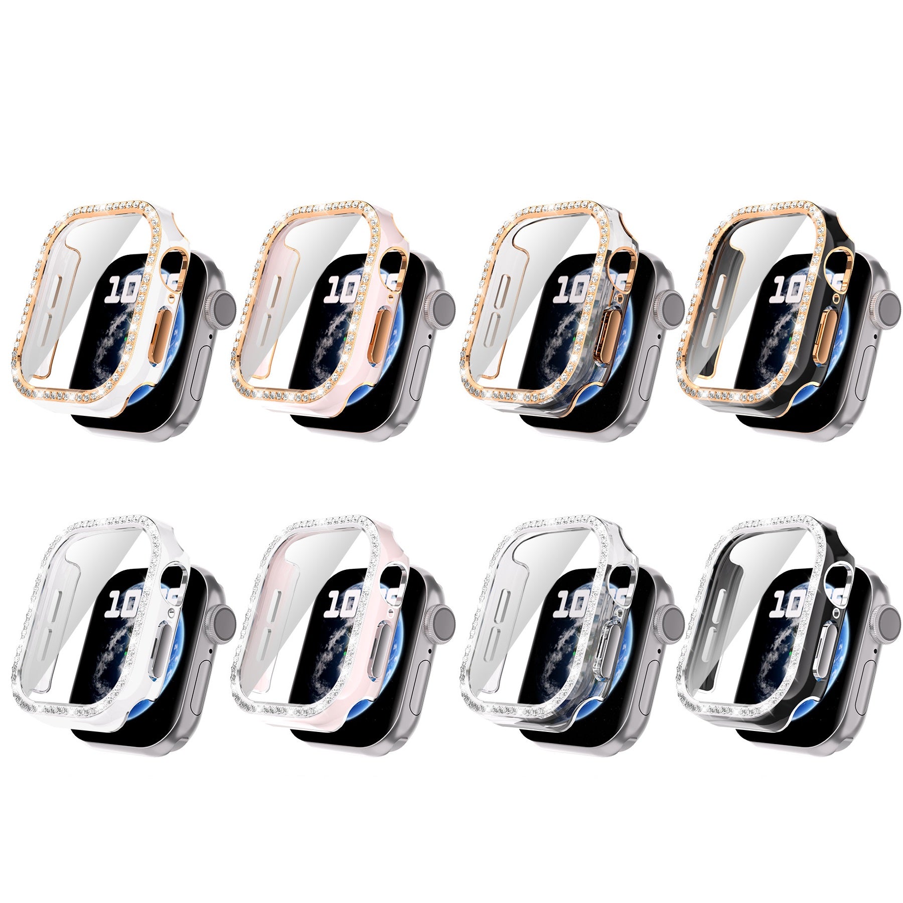 Smartwatch protective cases with crystal rhinestone bezels in rose gold and silver finishes, available in multiple color options including white, pink, and black