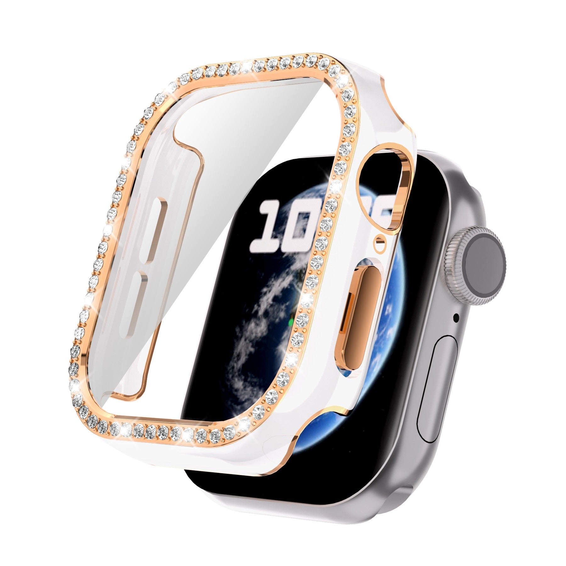 White protective case with rose gold diamond bezel for Apple Watch Series 10, featuring crystal rhinestone frame and built-in screen protector