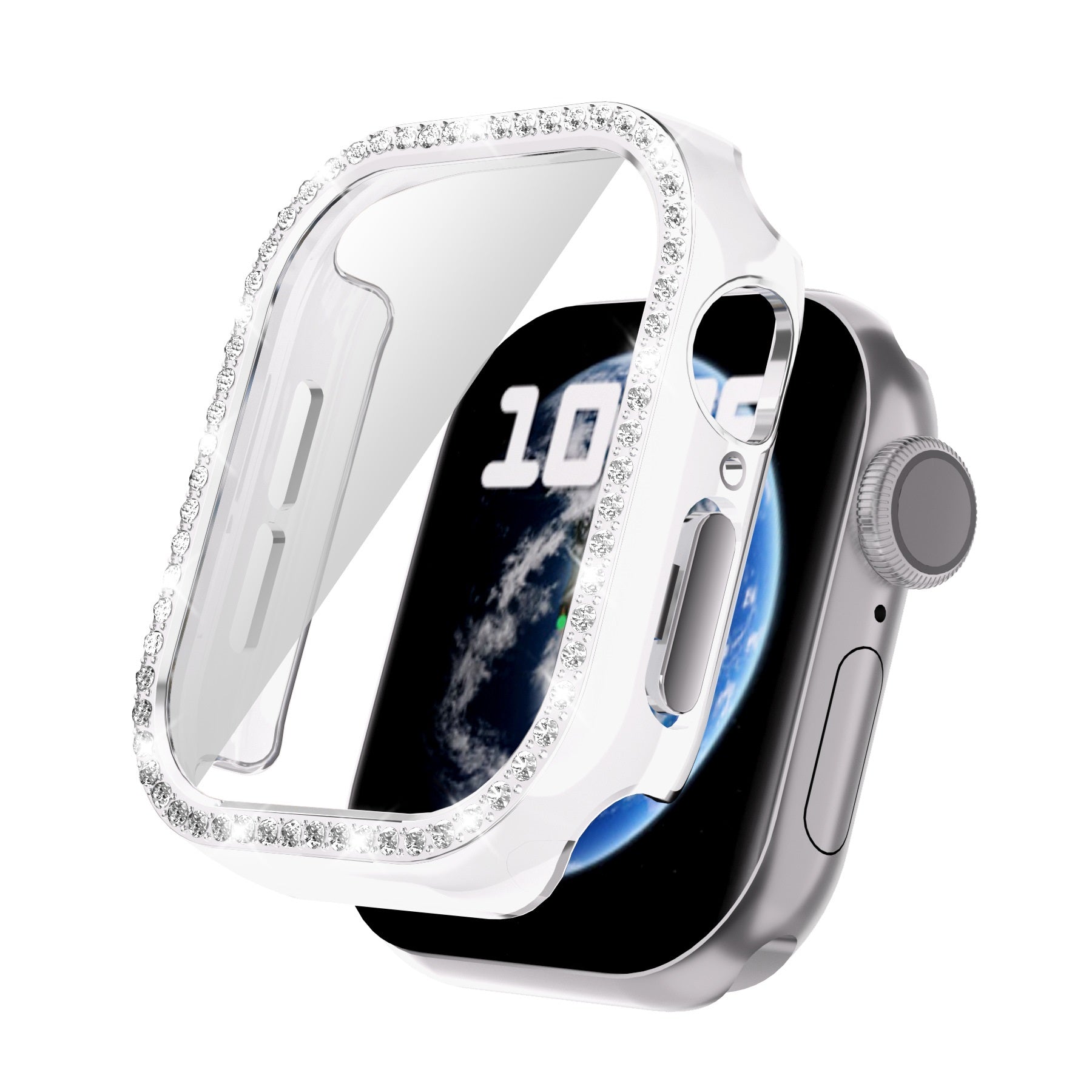 White crystal diamond bumper case for Apple Watch Series 10 with rhinestone bezel protection