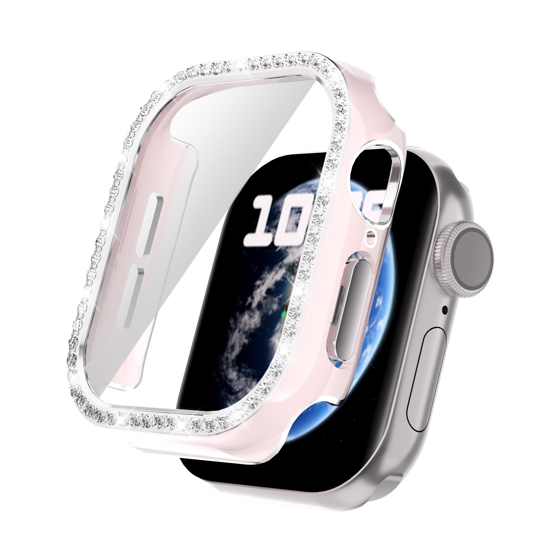 Crystal rhinestone protective case for Apple Watch Series 10 with diamond-studded bezels in pink and silver finish