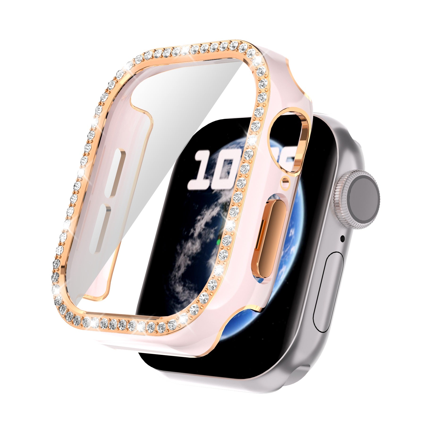 Rose gold crystal rhinestone protective case with built-in screen protector for Apple Watch Series 10, featuring diamond-encrusted bumper frame