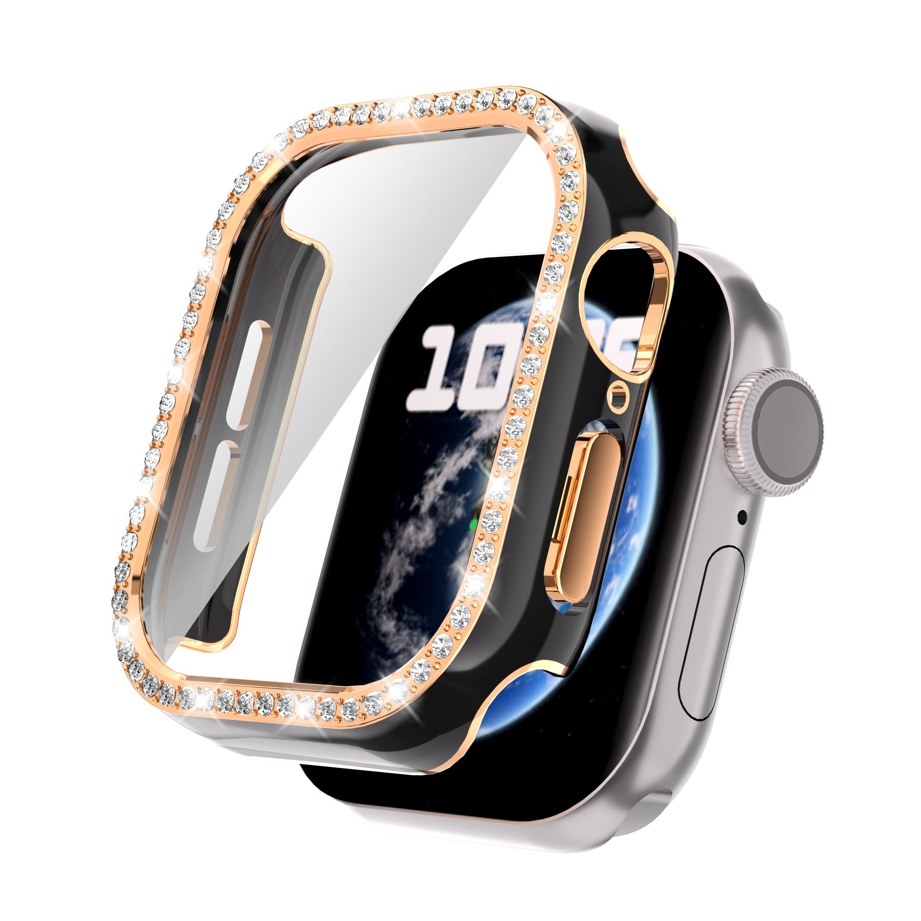 Rhinestone-studded rose gold protective case for Apple Watch Series 10 with crystal diamond bezel and integrated screen protector
