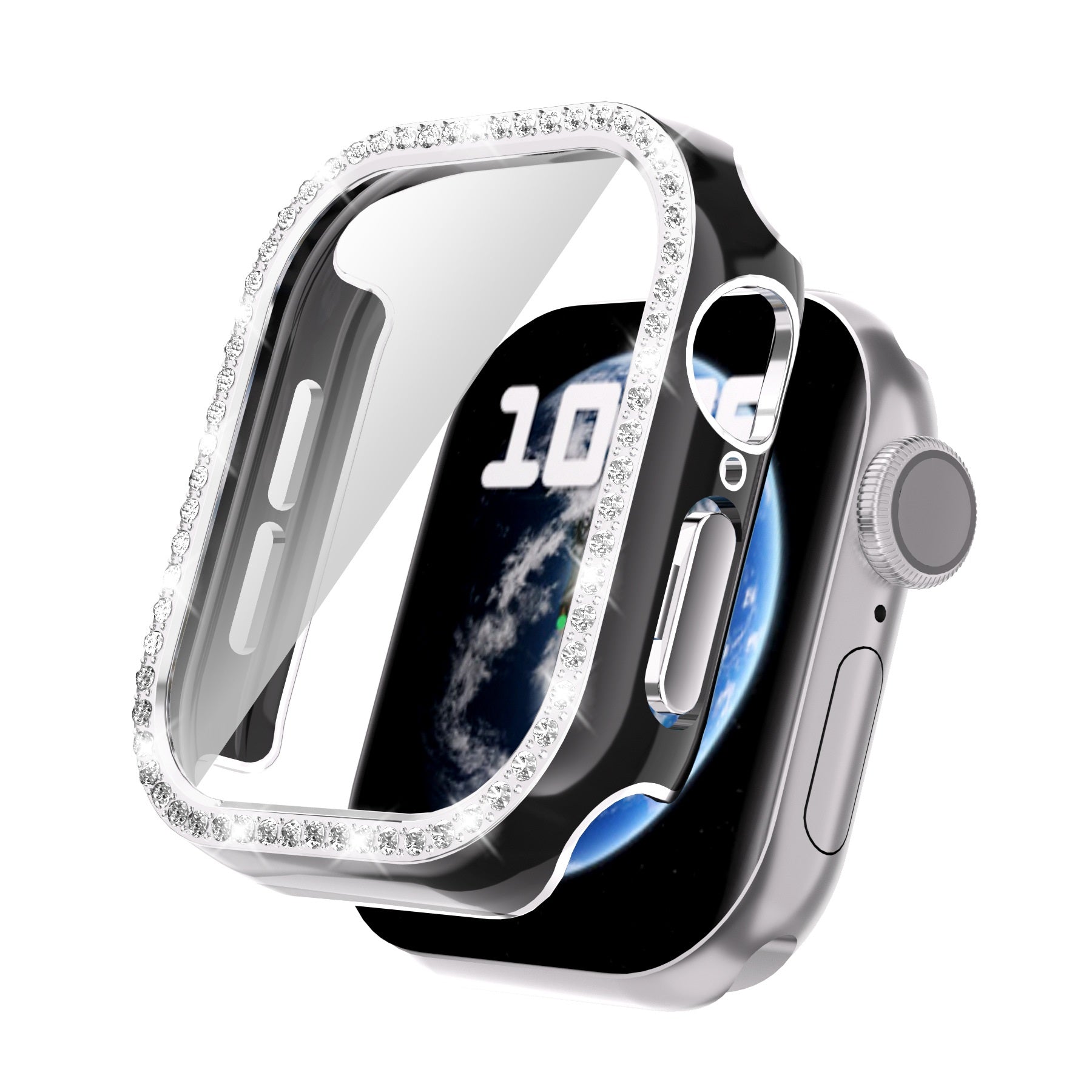 Diamond-encrusted protective case with clear crystal bumper for Apple Watch Series 10, silver finish