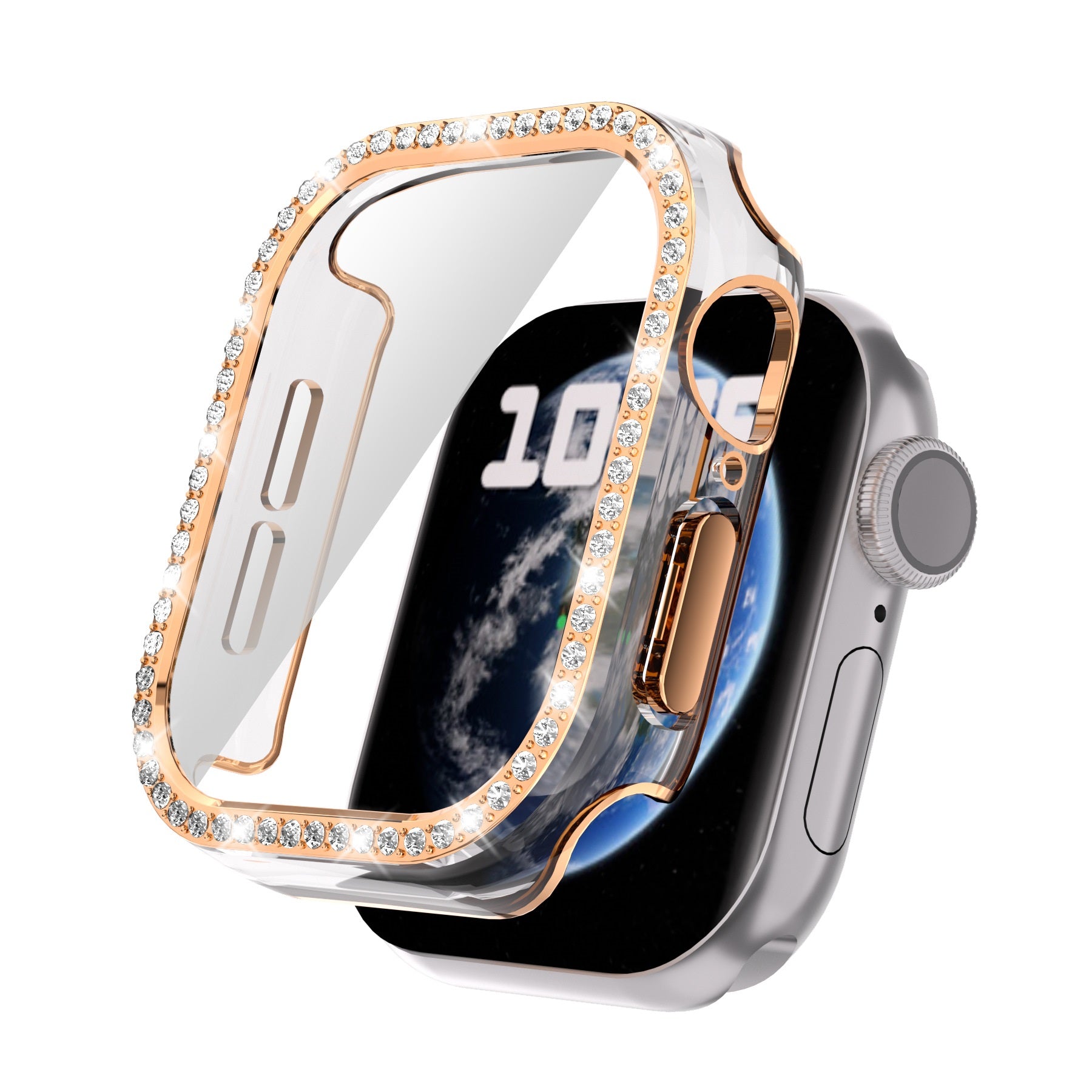 Rose gold crystal diamond protective case with clear bumper for Apple Watch Series 10, featuring rhinestone bezel and impact-resistant design